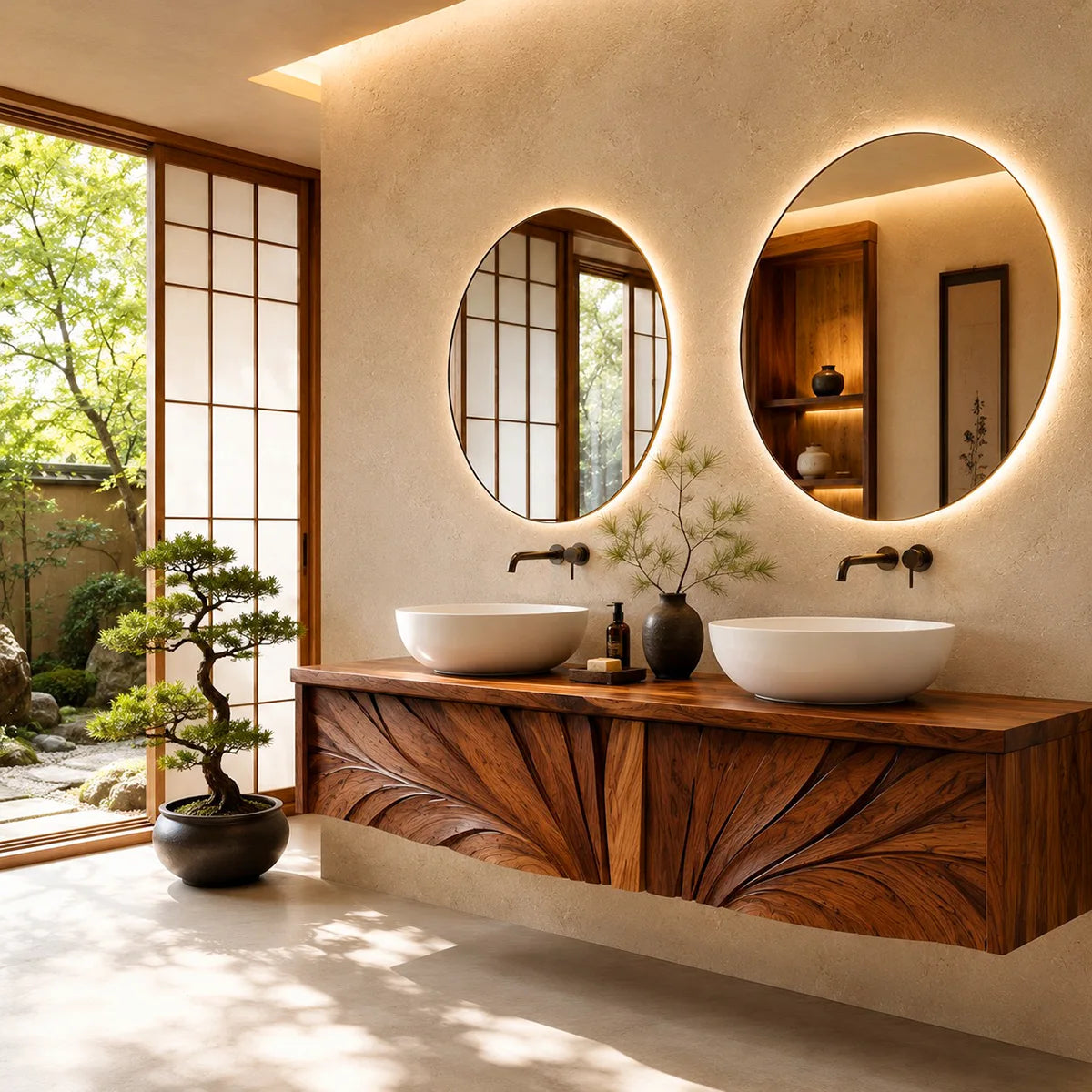 Luxury Double Sink Floating Bathroom Vanity with Sculptural Carved Design HG021-2639