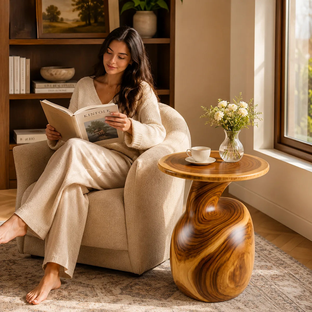 Modern Round End Table | Sculptural Swirl Pedestal Accent Table HG021-3645