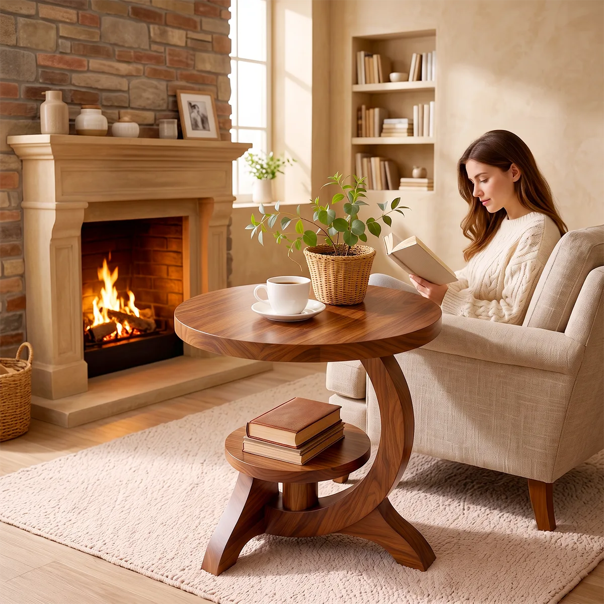 Modern Round End Table with Display Shelf | Sculptural Accent Side Table for Living Room HG021-6ZBM8JM