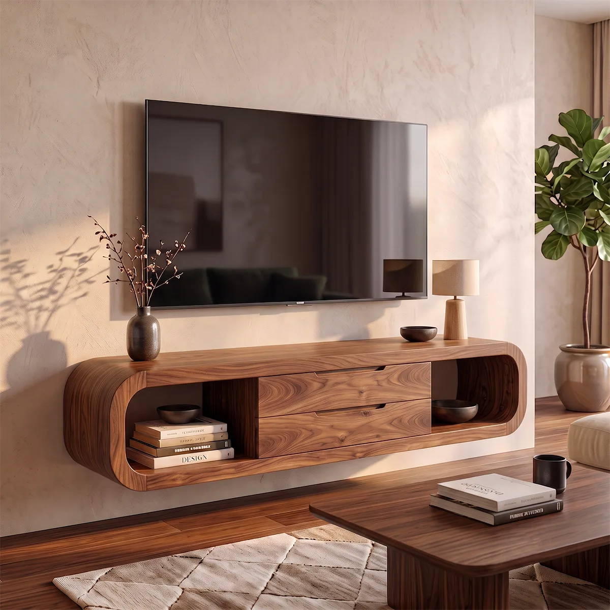 Modern Floating TV Stand | Wall Mounted Media Console with Drawers & Open Storage HG021-1OOU7ST