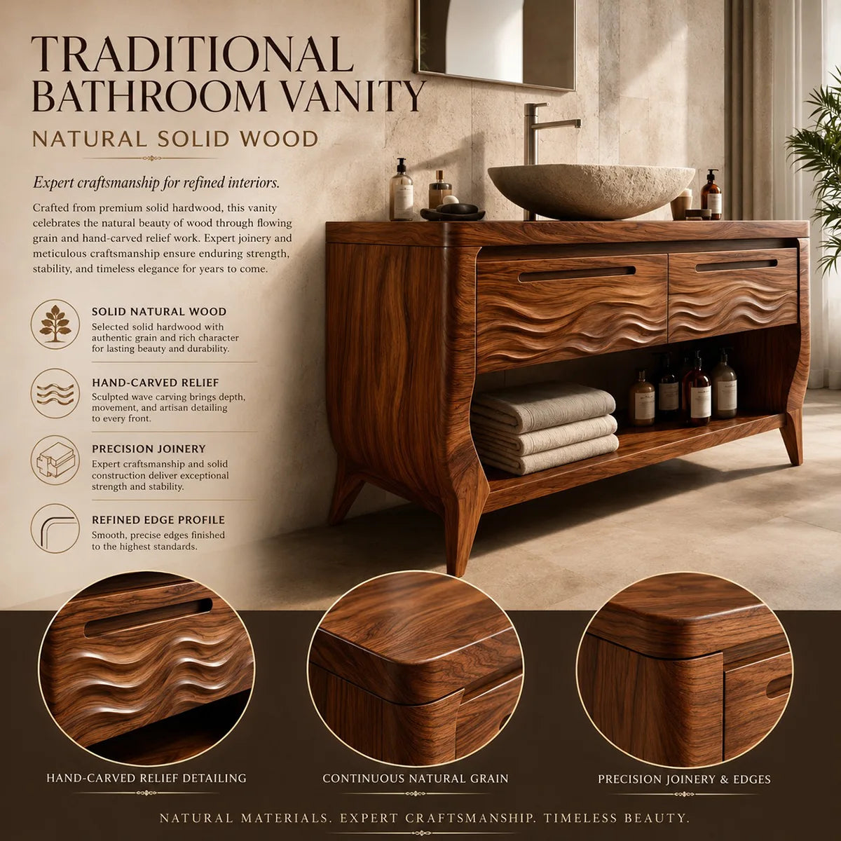 Solid Wood Bathroom Vanity with Open Shelf | Wave Carved Double Drawer Bathroom Vanity Cabinet HG021-3694