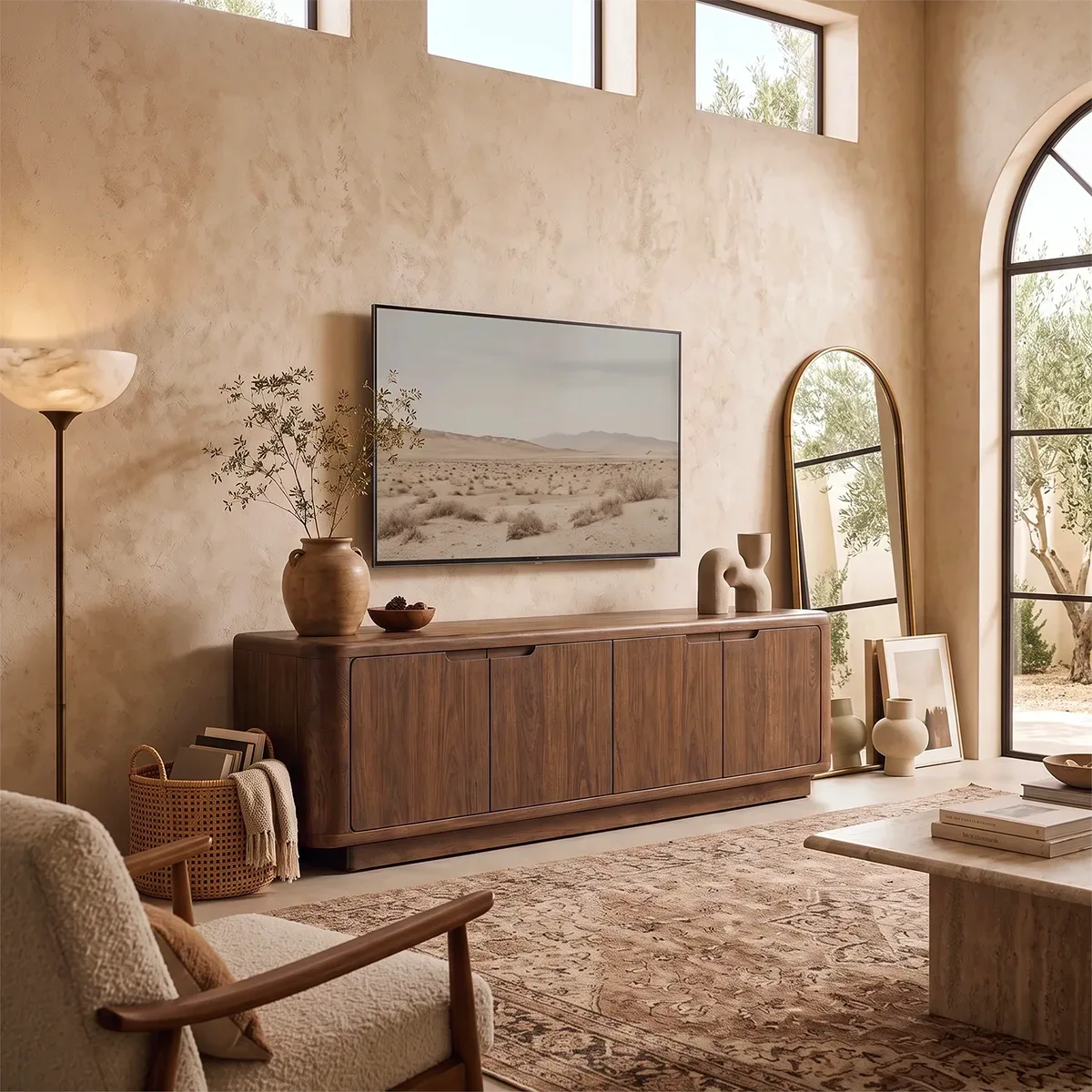 Rounded Wood TV Stand with 4 Doors | Modern Media Console HG021-4STO9LS
