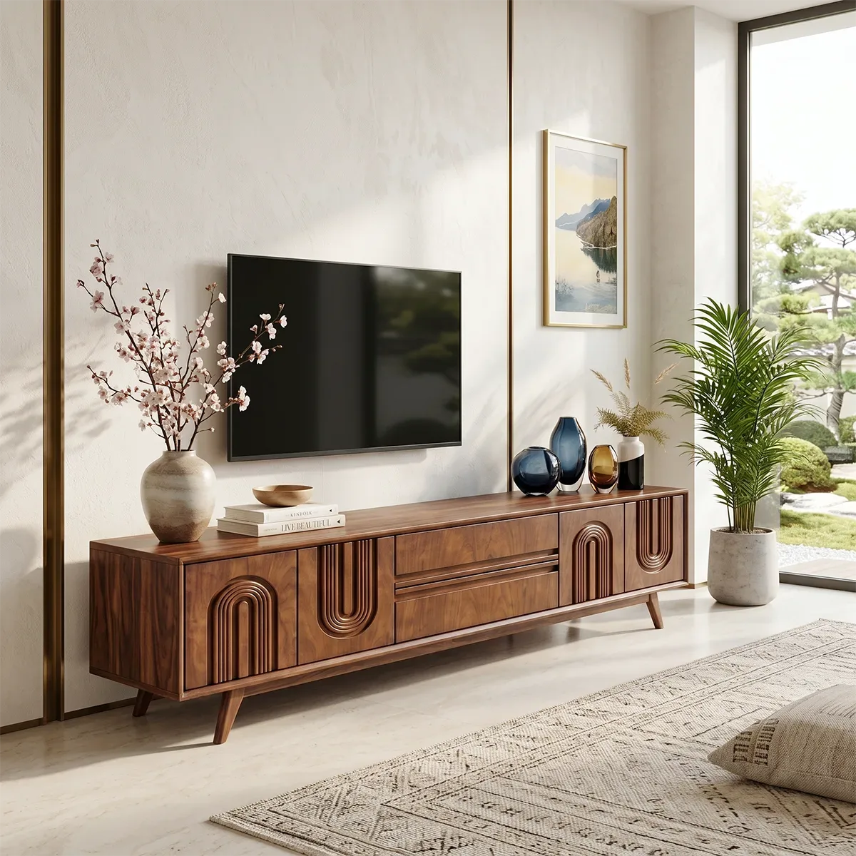 Fluted Arch Wood TV Stand with Drawers & Cabinets | Mid-Century Media Console HG021-6ZXL7DZ