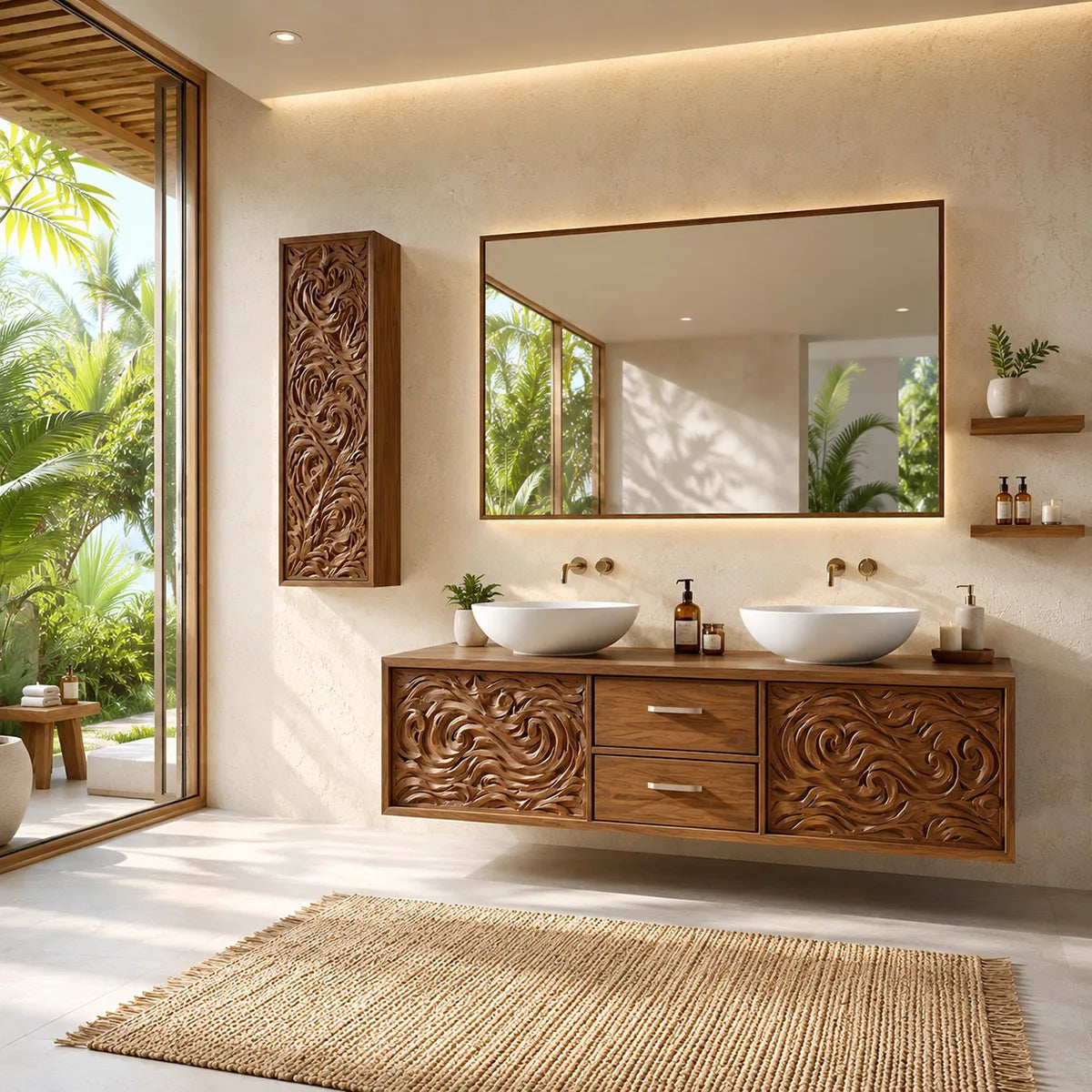 Double Sink Floating Bathroom Vanity | Luxury Carved Bathroom Cabinet HG021-2771