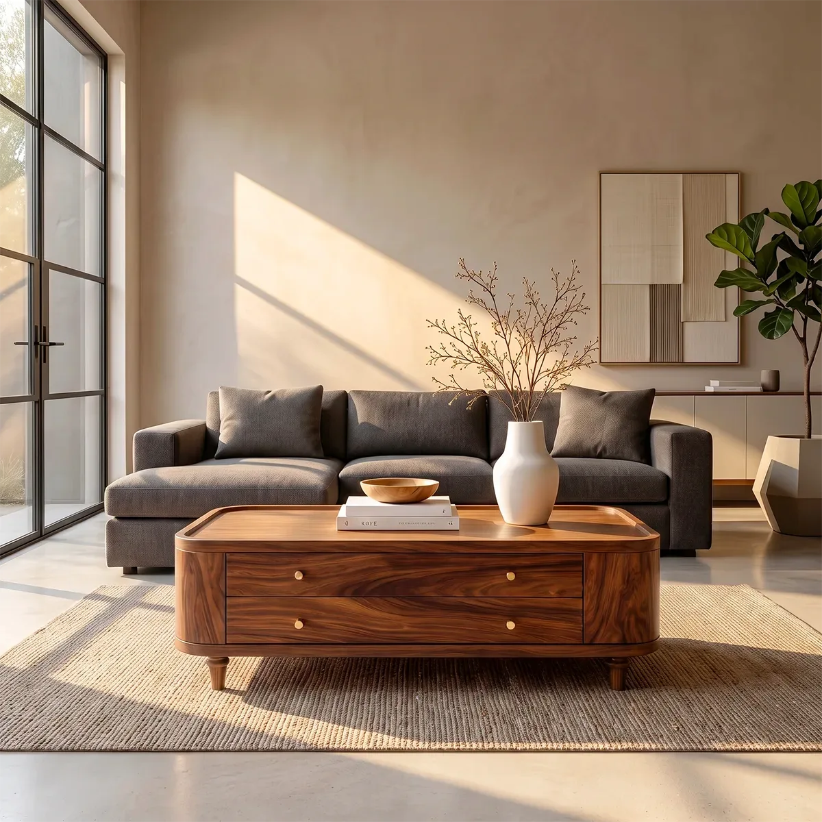 Rectangular Coffee Table with 2 Storage Drawers & Rounded Corners | Modern Living Room Table HG021-5JOP8KT