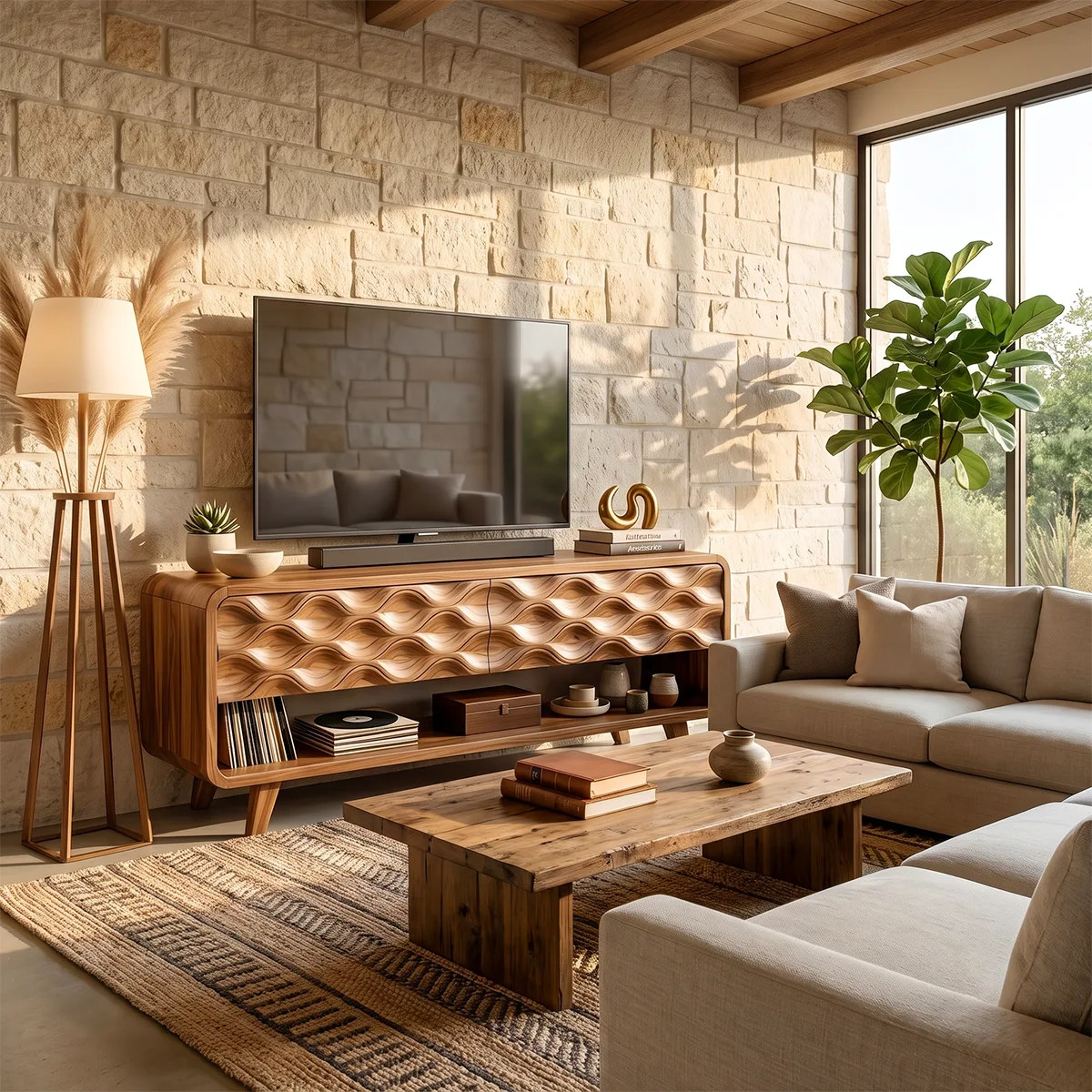 Modern TV Stand with Wave Front Doors | Contemporary Media Console with Open Storage HG021-4RXJ3SK