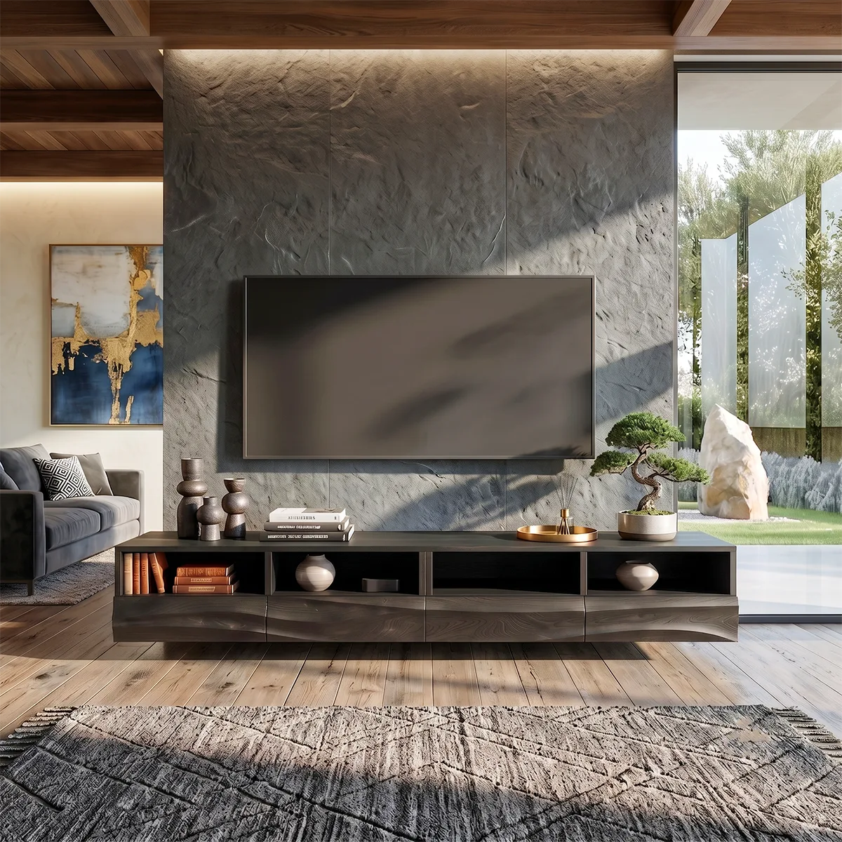 Modern Floating TV Stand with Flowing Wave Front and Open Display Shelves HG021-3RHL3JI