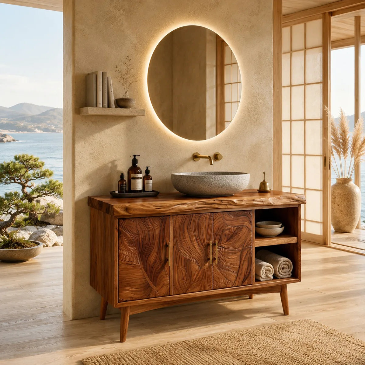 Tropical Modern Bathroom Vanity with Hand-Carved Doors and Open Storage HG021-1910