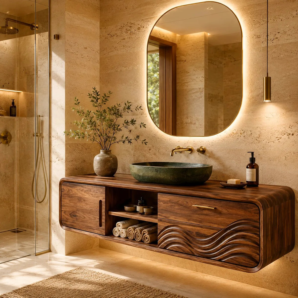 Modern Floating Bathroom Vanity with Sculptural Wave Door Design HG021-2980
