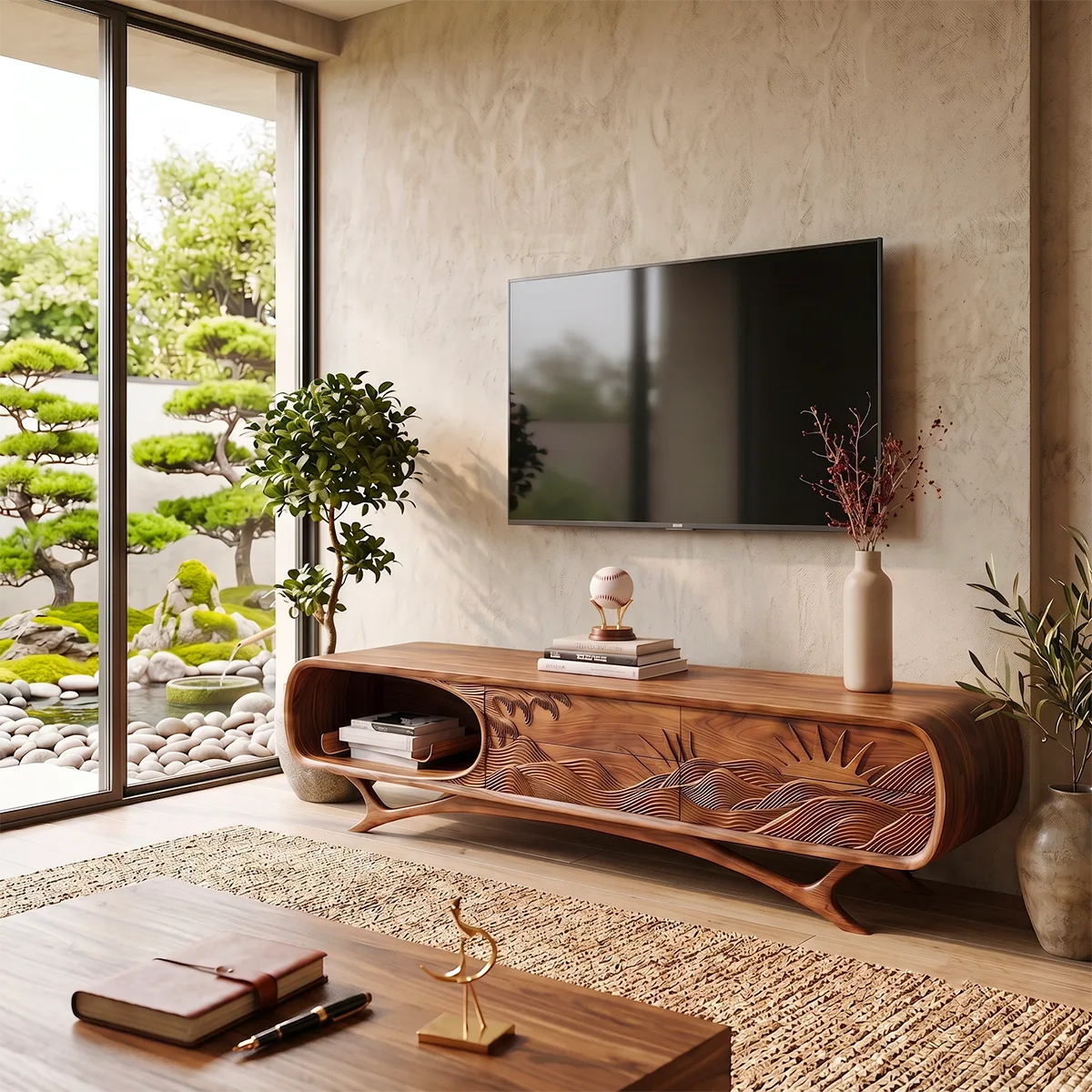 Sunrise Landscape Carved Wood TV Stand with Curved Frame | Sculptural Media Console HG021-2WSZ4IX