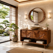 Japanese Inspired Leaf Carved Bathroom Vanity Cabinet HG021-6349