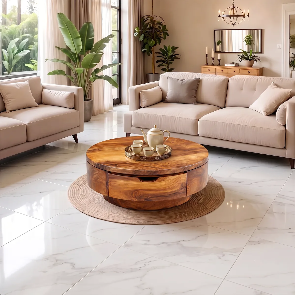 Round Coffee Table with Storage Drawer | Modern Low Profile Center Table HG021-2SOJ4AX
