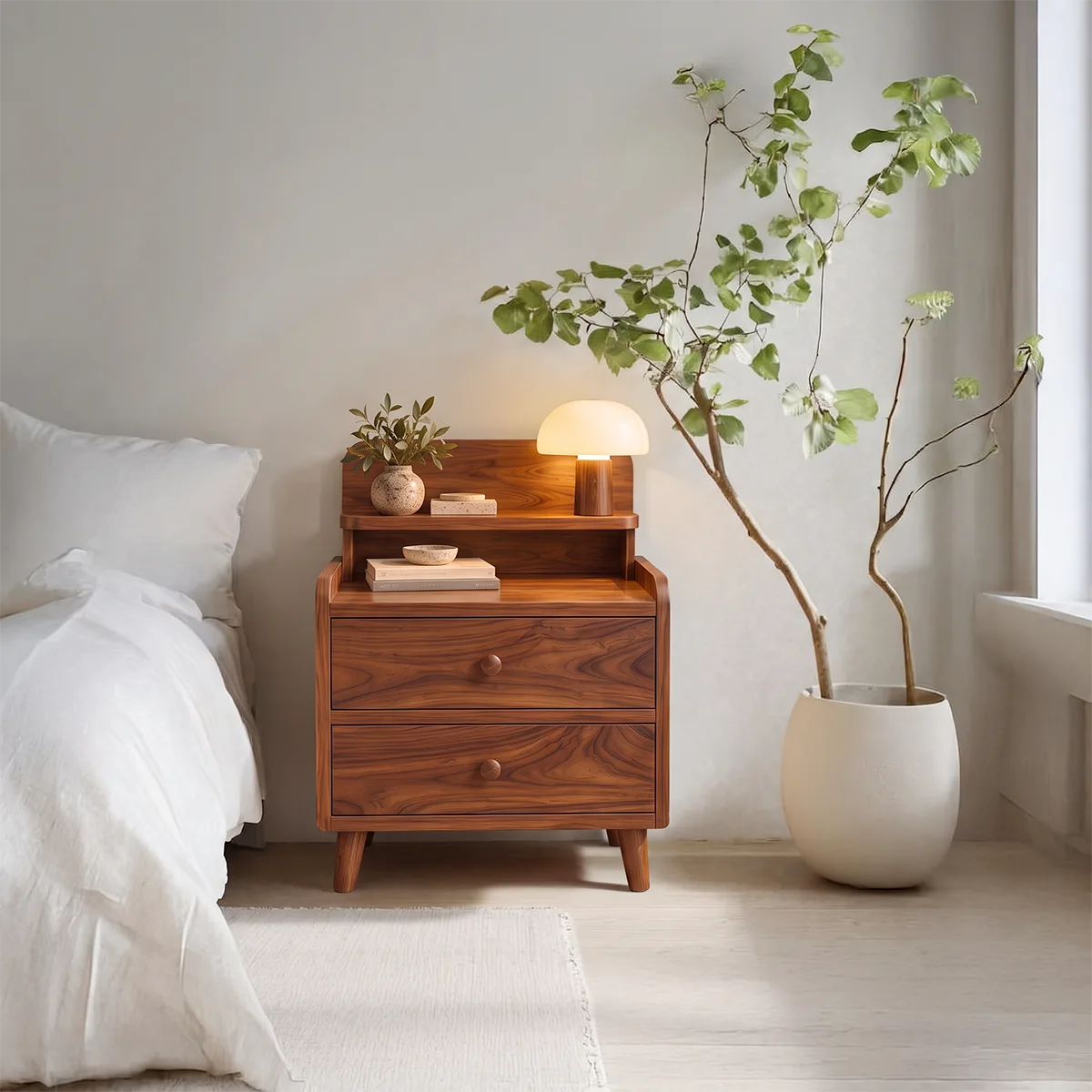 2-Drawer Nightstand with Open Shelf | Mid-Century Bedside Table with Raised Top HG021-8VLX2RD