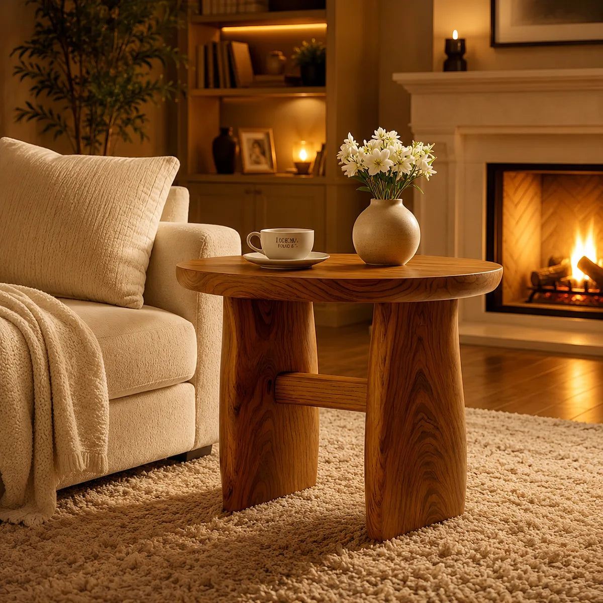 Modern Round End Table | Sculptural Dual-Pedestal Side Table HG021-7122