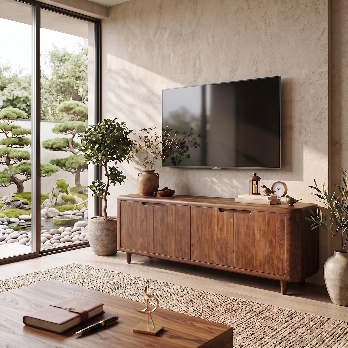 Rounded Wood TV Stand with 4 Doors | Modern Media Console HG021-9PZP1HK