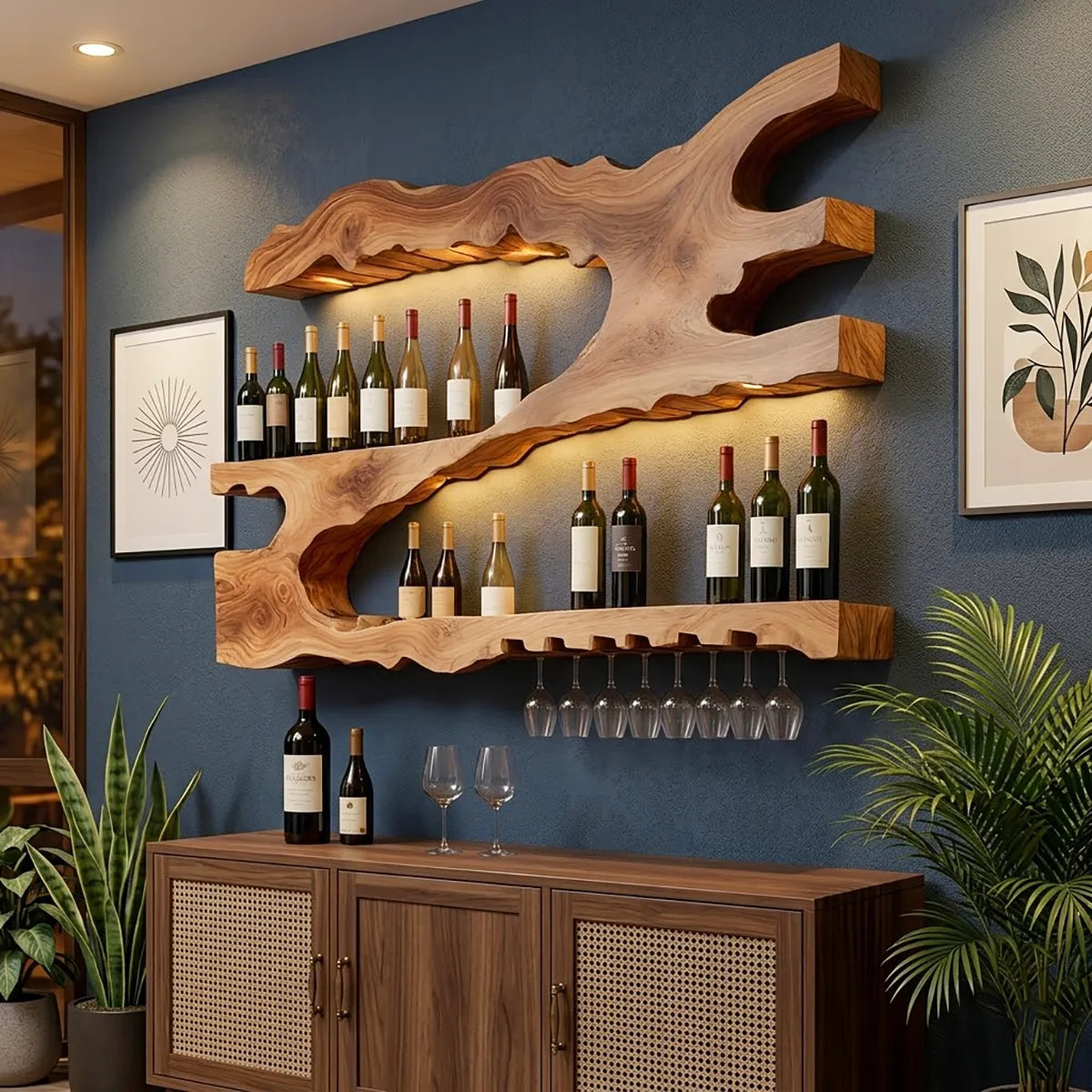 Live Edge Solid Wood Wall Wine Rack for Home Bars & Wine Lovers HG021-4091