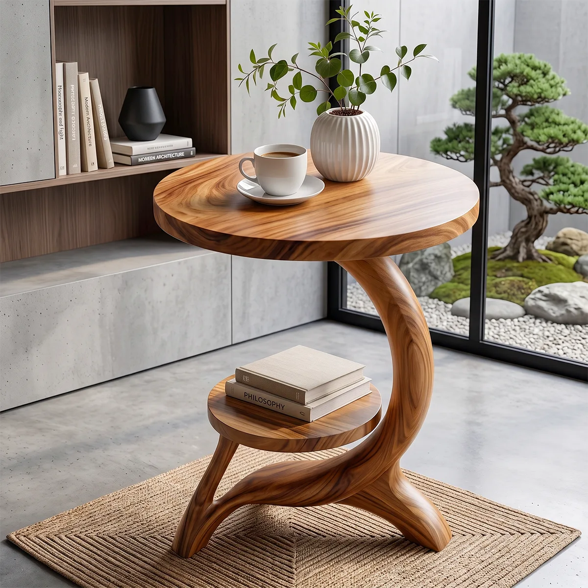 Modern Round End Table with Sculptural Base | Contemporary Accent Side Table with Display Shelf HG021-2HEU5KL