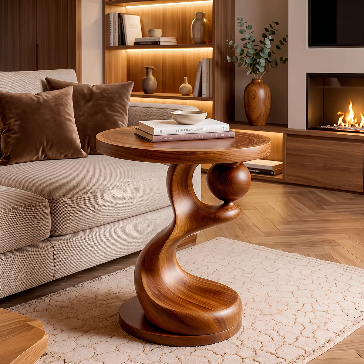 Modern Sculptural End Table | Round Accent Side Table with Artistic Pedestal Base HG021-7OXD7KY