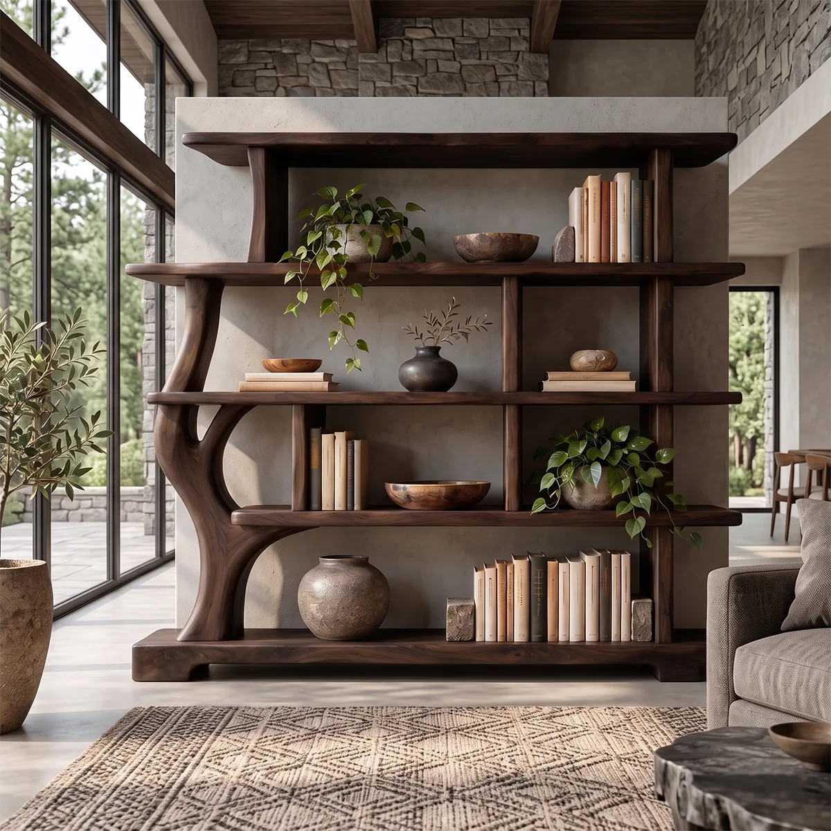 Tree-Inspired Sculptural Bookshelf | Organic Modern Open Bookcase with Asymmetrical Shelves HG021-5HPG6UX