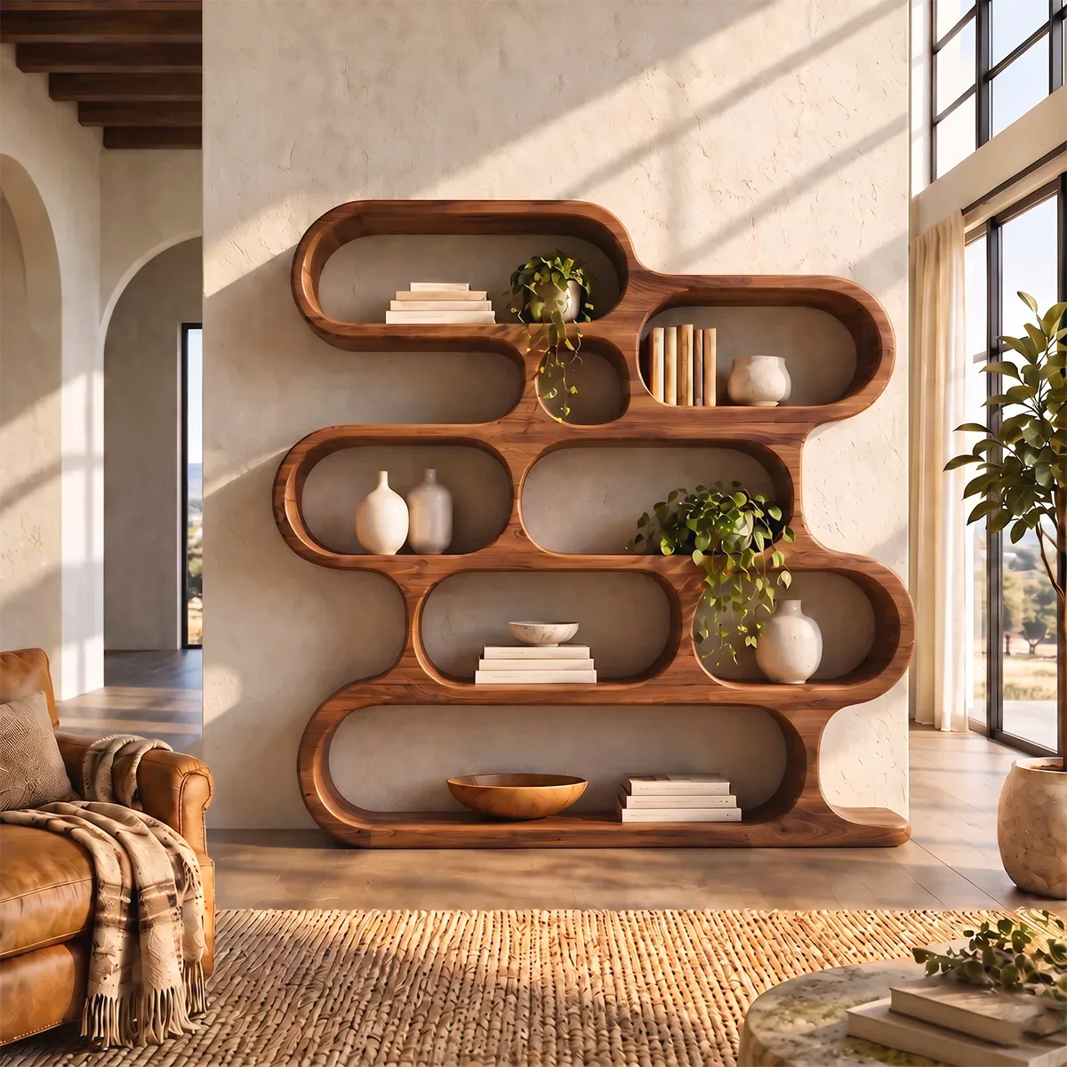 Sculptural Capsule Bookshelf | Organic Modern Open Bookcase with Rounded Display Compartments HG021-7VPJ4UR