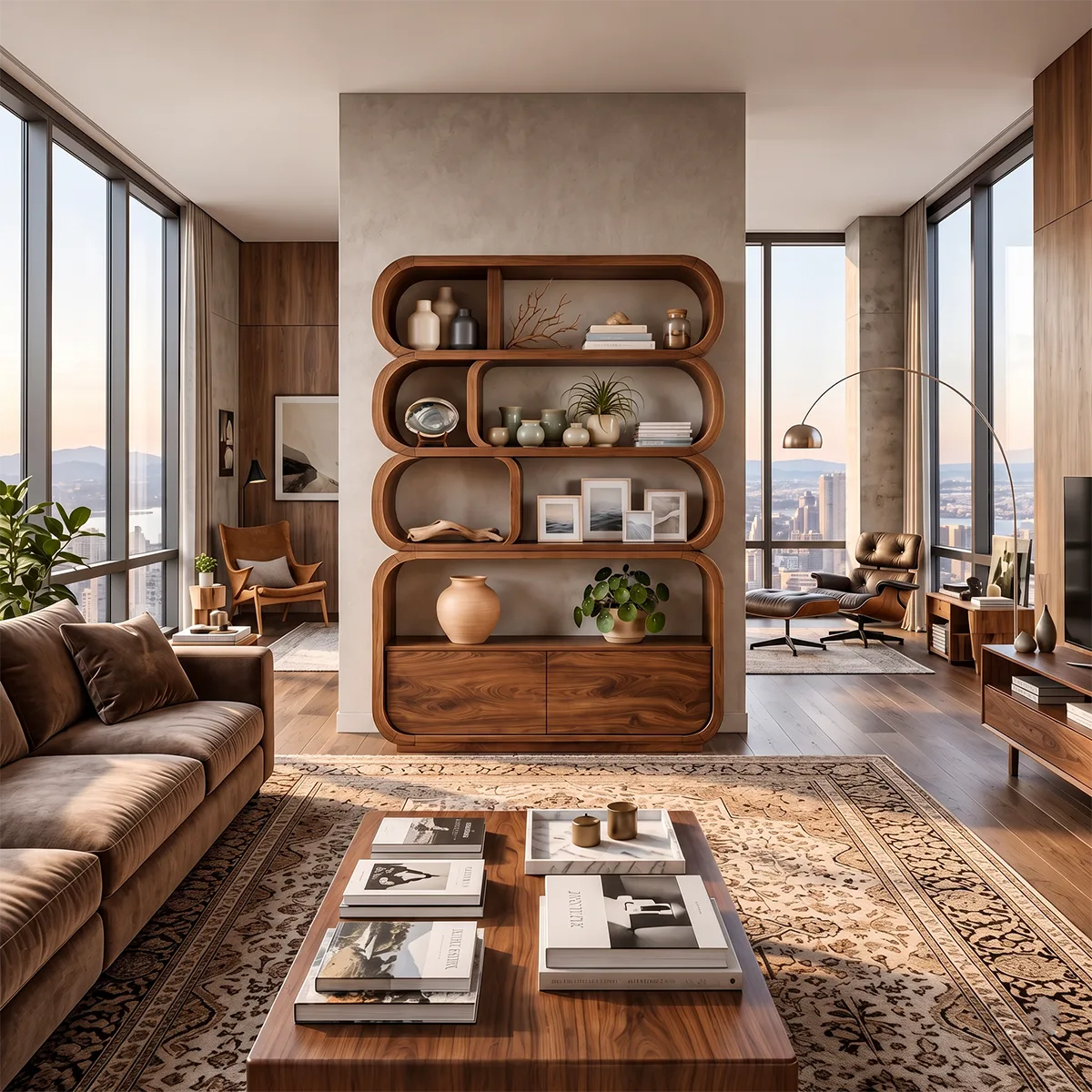 Curved Open Bookcase with Closed Storage | Sculptural Multi-Tier Display Bookshelf HG021-7WNC8EC