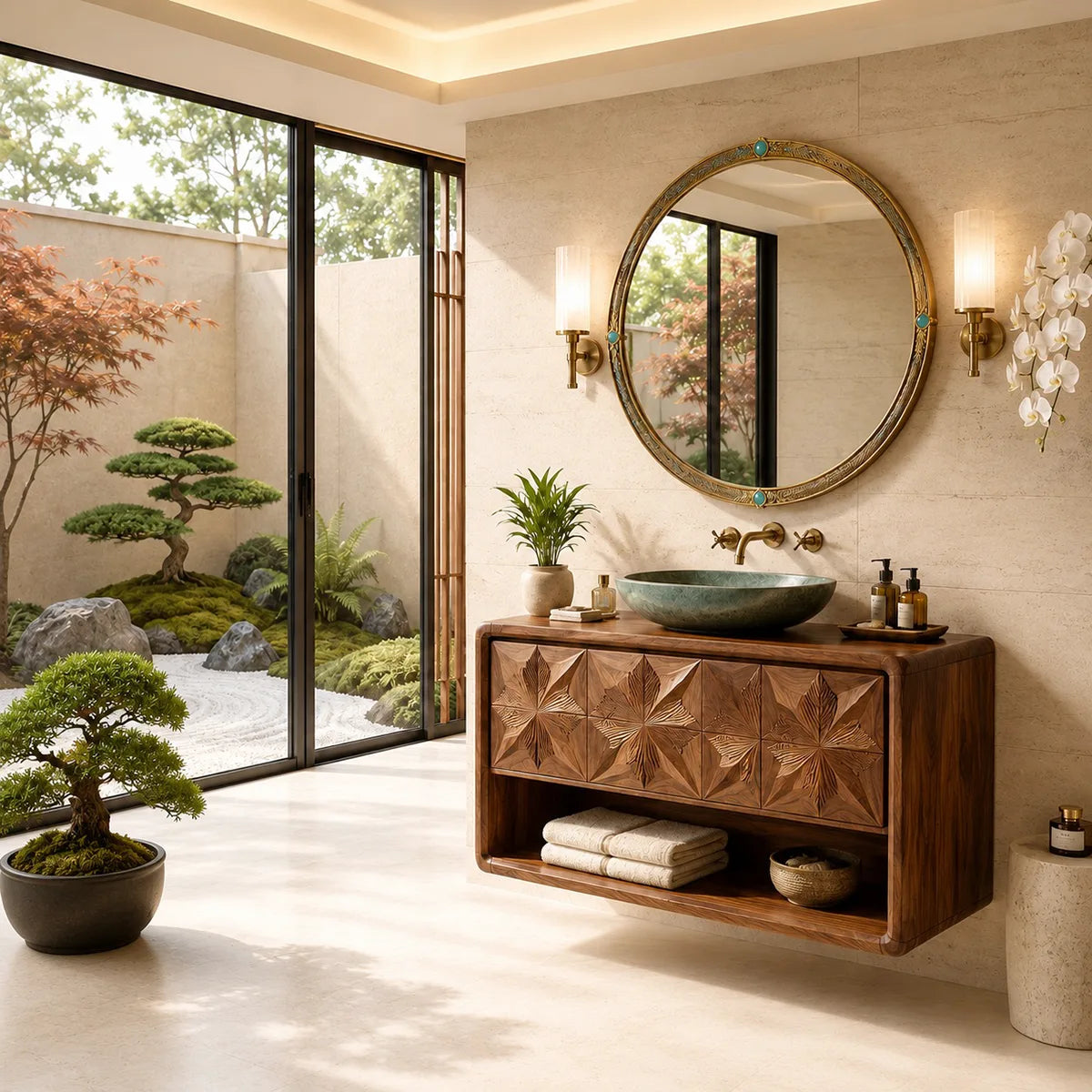 Geometric Leaf Carved Bathroom Vanity with Open Storage HG021-8975