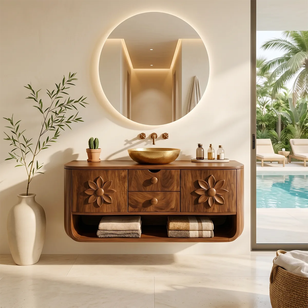 Floating Solid Wood Bathroom Vanity | Floral Carved Wall Mounted Vanity Cabinet with Open Shelf HG021-1071