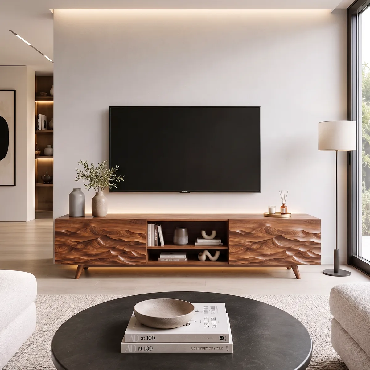 Modern Mountain Relief TV Stand | Contemporary Media Console with Sculpted Landscape Doors HG021-5KXU7XE