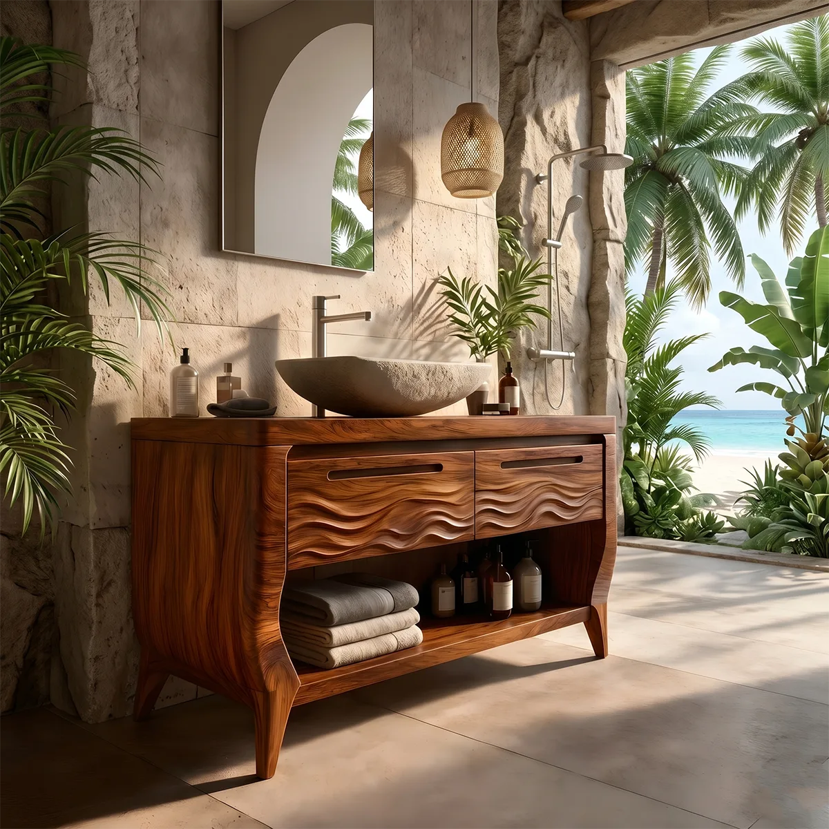 Solid Wood Bathroom Vanity with Open Shelf | Wave Carved Double Drawer Bathroom Vanity Cabinet HG021-3694