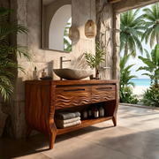 Solid Wood Bathroom Vanity with Open Shelf | Wave Carved Double Drawer Bathroom Vanity Cabinet HG021-3694
