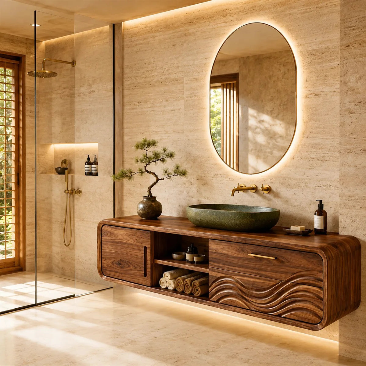 Modern Floating Bathroom Vanity with Sculptural Wave Door Design HG021-2980