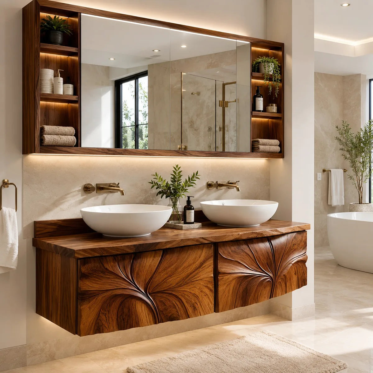 Modern Floating Bathroom Vanity with Sculptural Floral Carved Doors HG021-1209
