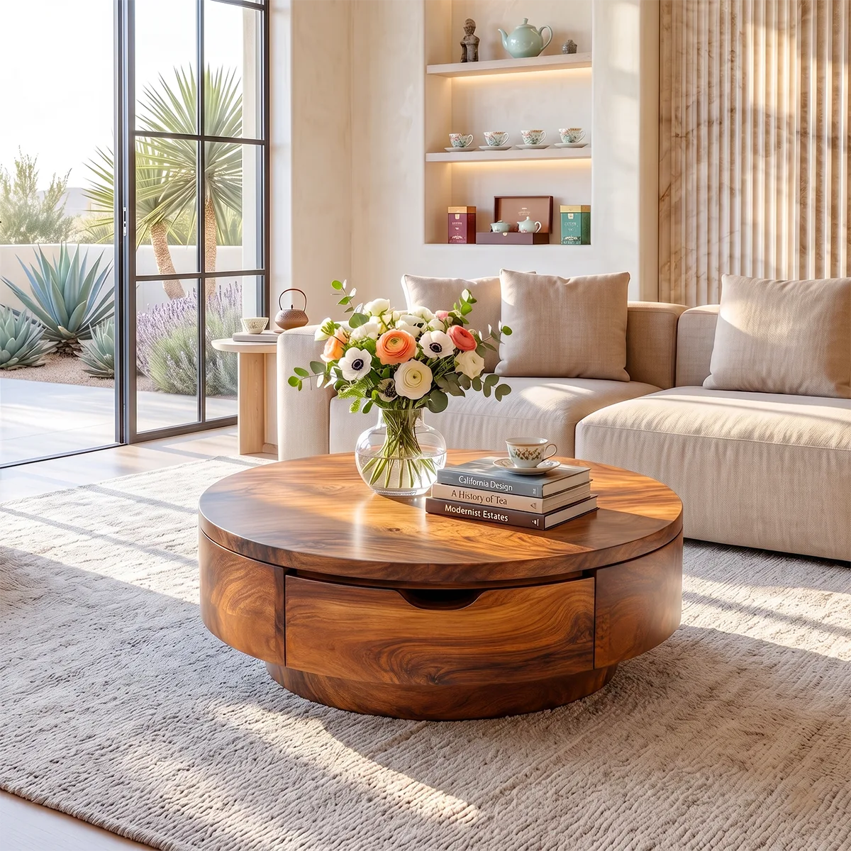 Round Coffee Table with Storage Drawer | Modern Low Profile Center Table HG021-2SOJ4AX