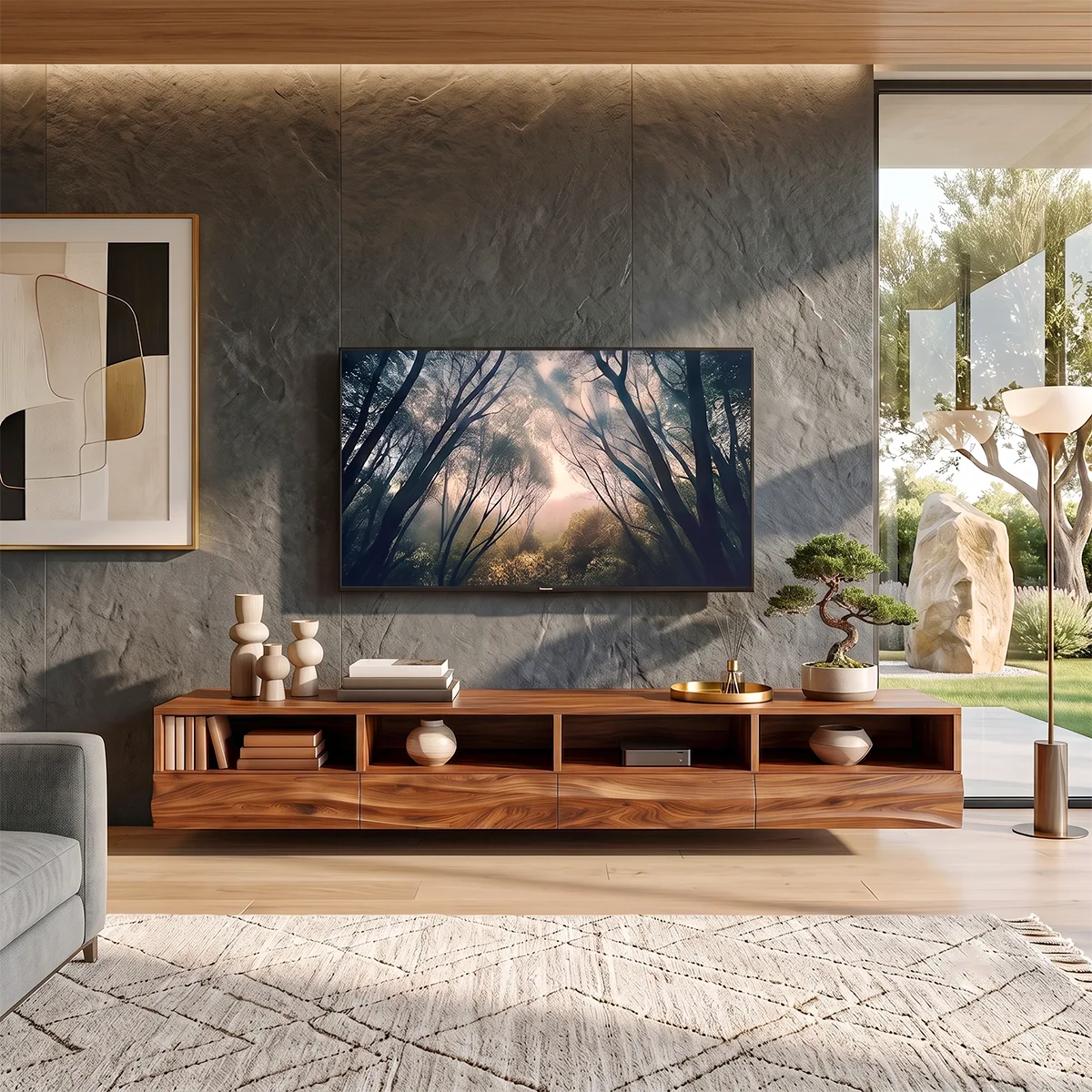 Modern Floating TV Stand with Flowing Wave Front and Open Display Shelves HG021-3RHL3JI