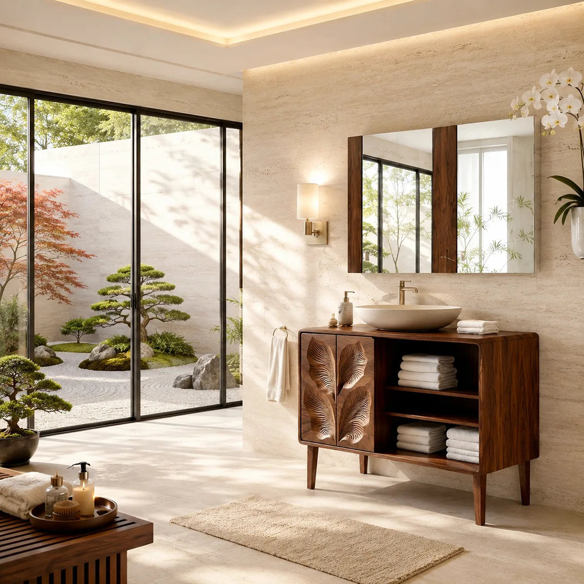 Leaf Carved Bathroom Vanity Cabinet with Open Shelving HG021-6447