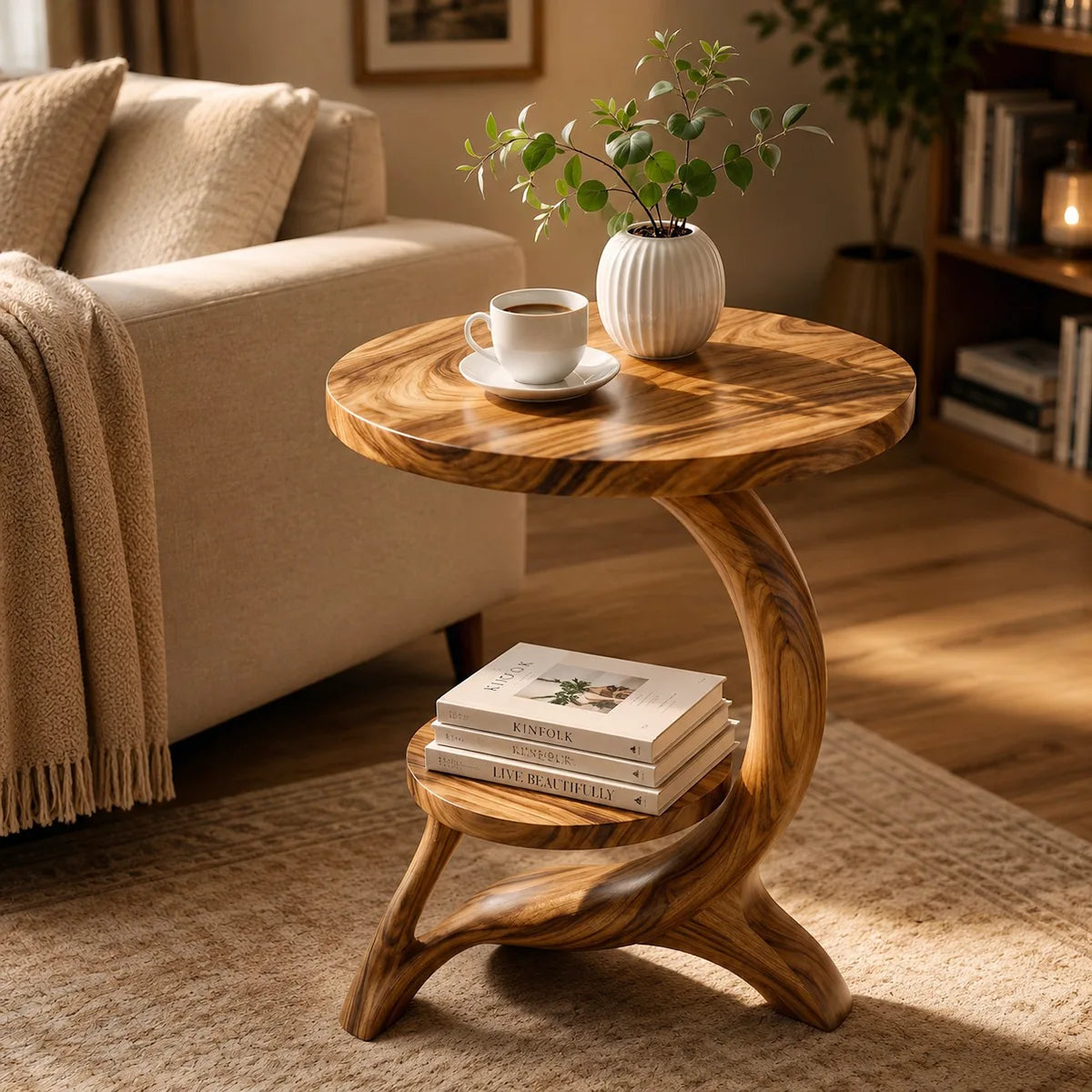 Modern Round End Table with Sculptural Base | Contemporary Accent Side Table with Display Shelf HG021-2HEU5KL