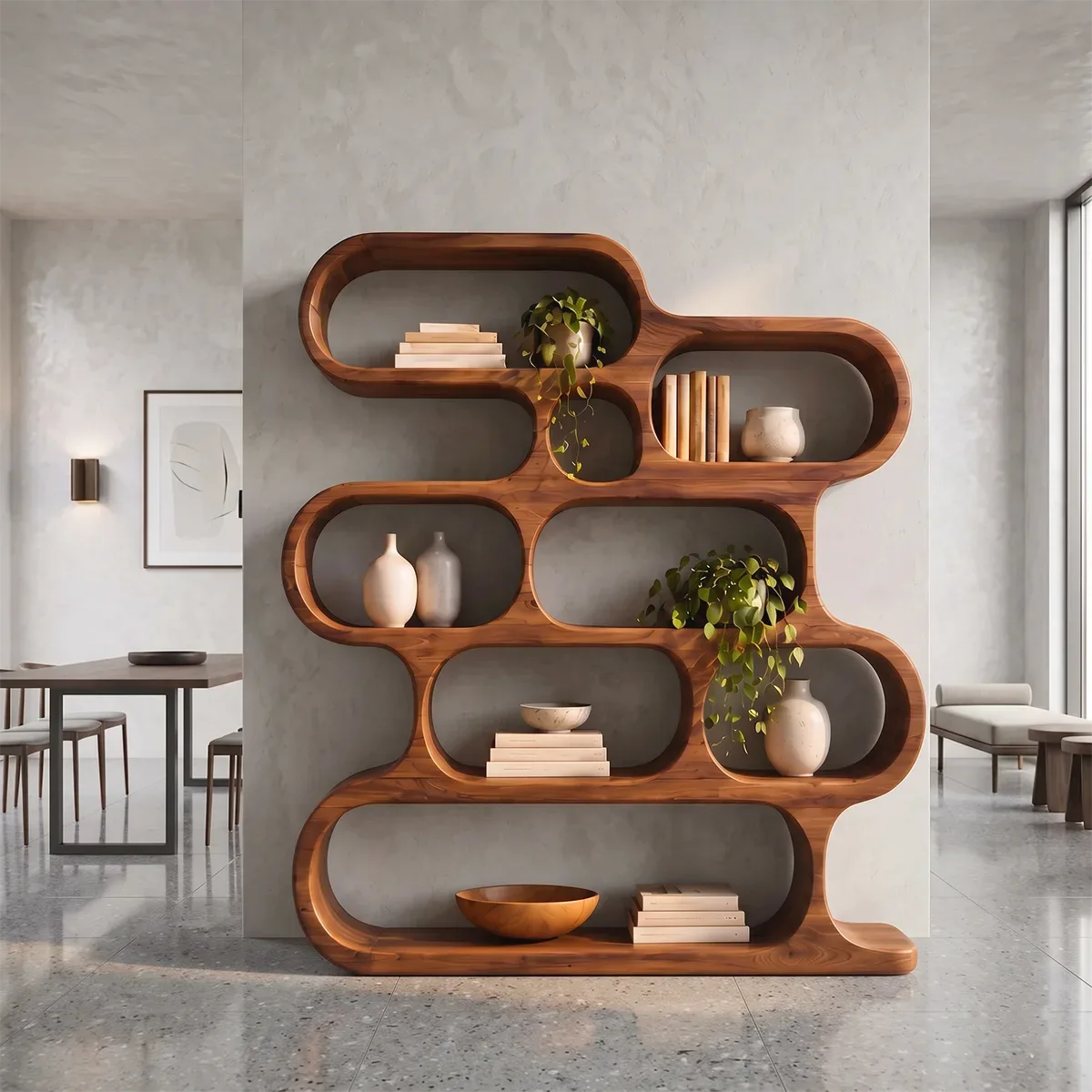 Sculptural Capsule Bookshelf | Organic Modern Open Bookcase with Rounded Display Compartments HG021-7VPJ4UR