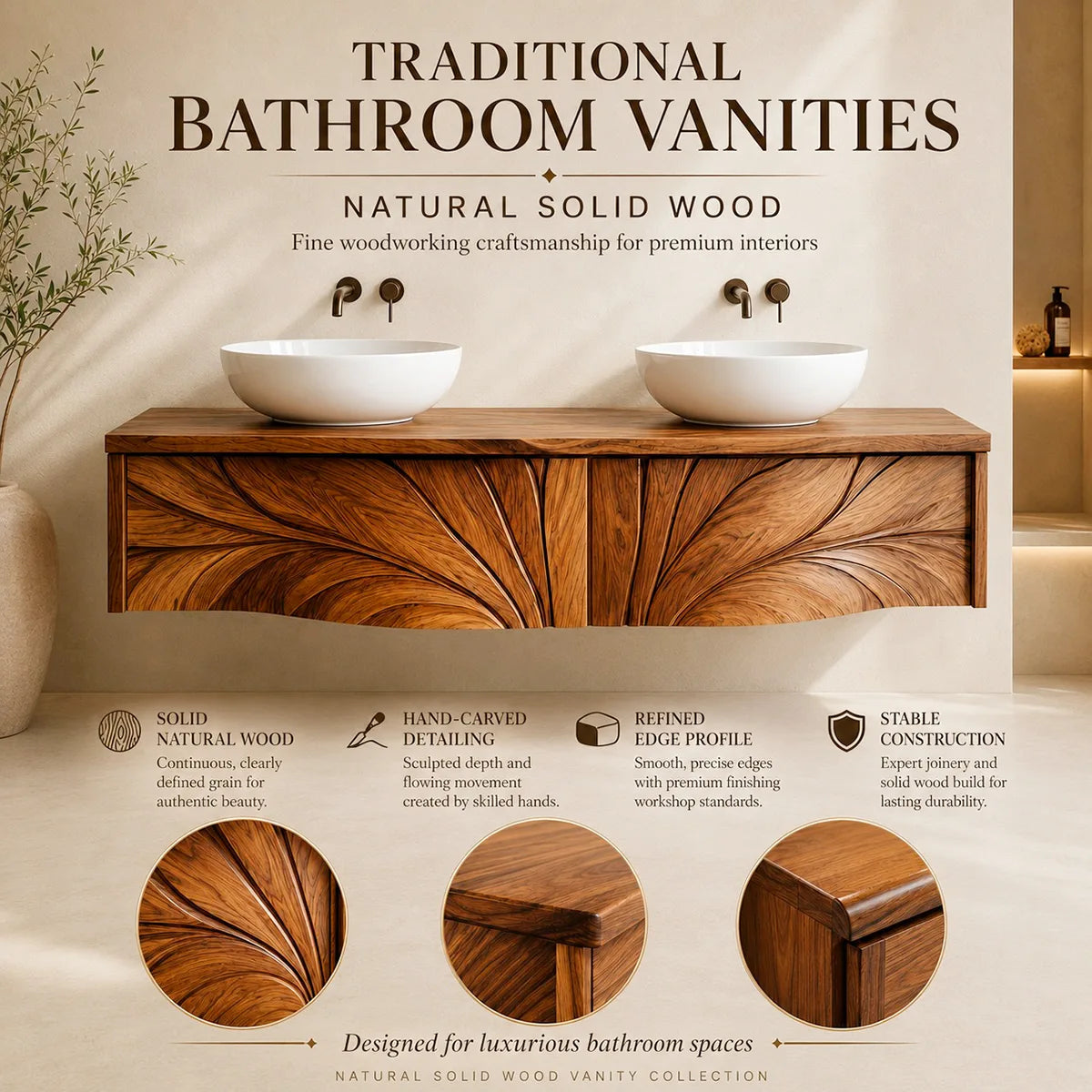 Luxury Double Sink Floating Bathroom Vanity with Sculptural Carved Design HG021-2639