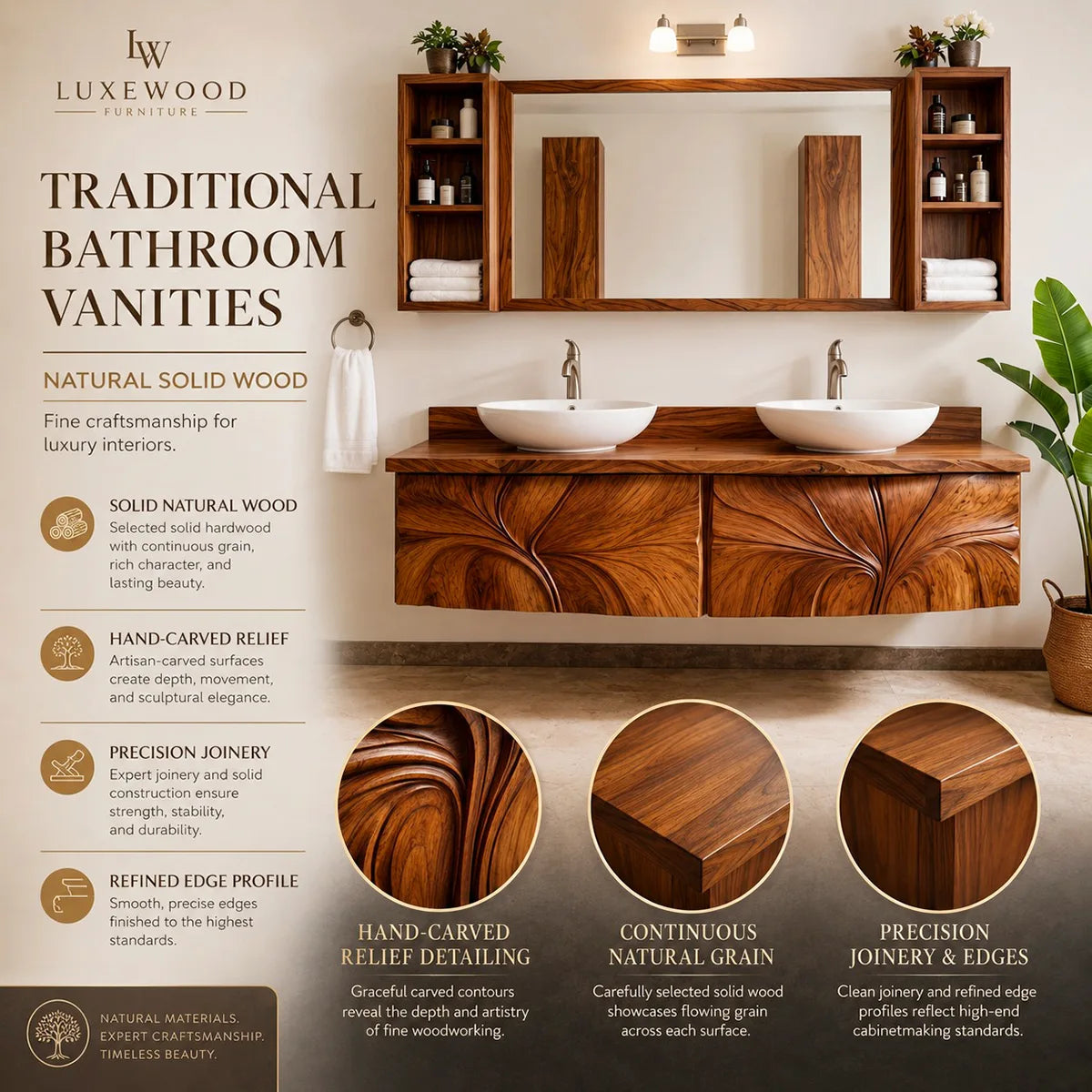 Modern Floating Bathroom Vanity with Sculptural Floral Carved Doors HG021-1209