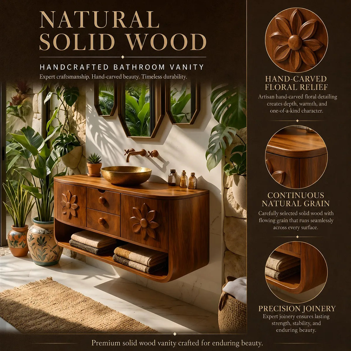 Floating Solid Wood Bathroom Vanity | Floral Carved Wall Mounted Vanity Cabinet with Open Shelf HG021-1071