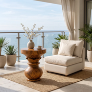 Sculptural Lotus Pedestal Wood End Table | Round Statement Side Table TT006-6BCF9JT
