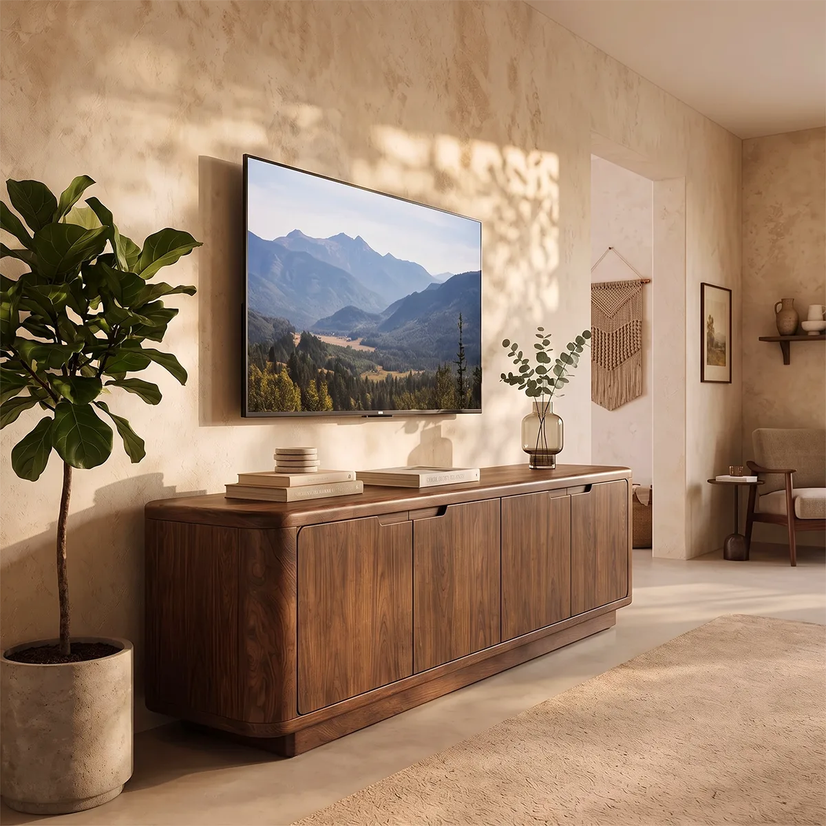 Rounded Wood TV Stand with 4 Doors | Modern Media Console HG021-4STO9LS