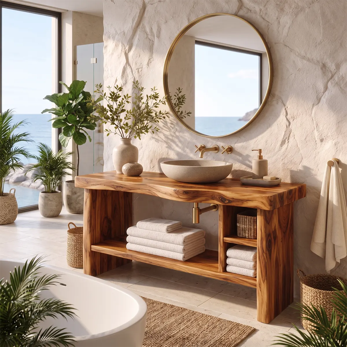 Freestanding Bathroom Vanity with Open Storage Shelves | Organic Modern Design TT006-3HEA8MY