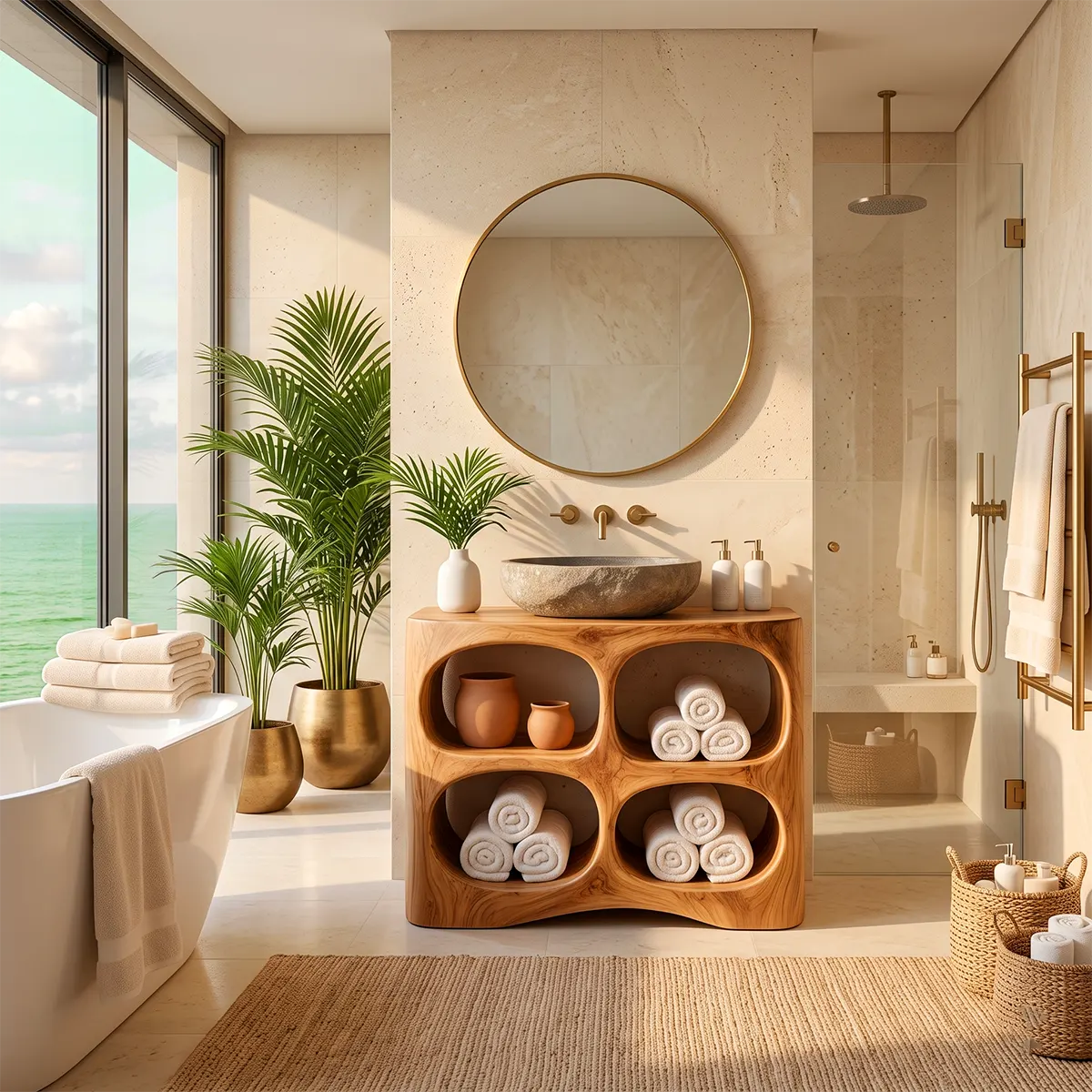 Bathroom Vanity with 4 Open Shelves | Sculptural Organic Modern Design TT006-6CKE8DD