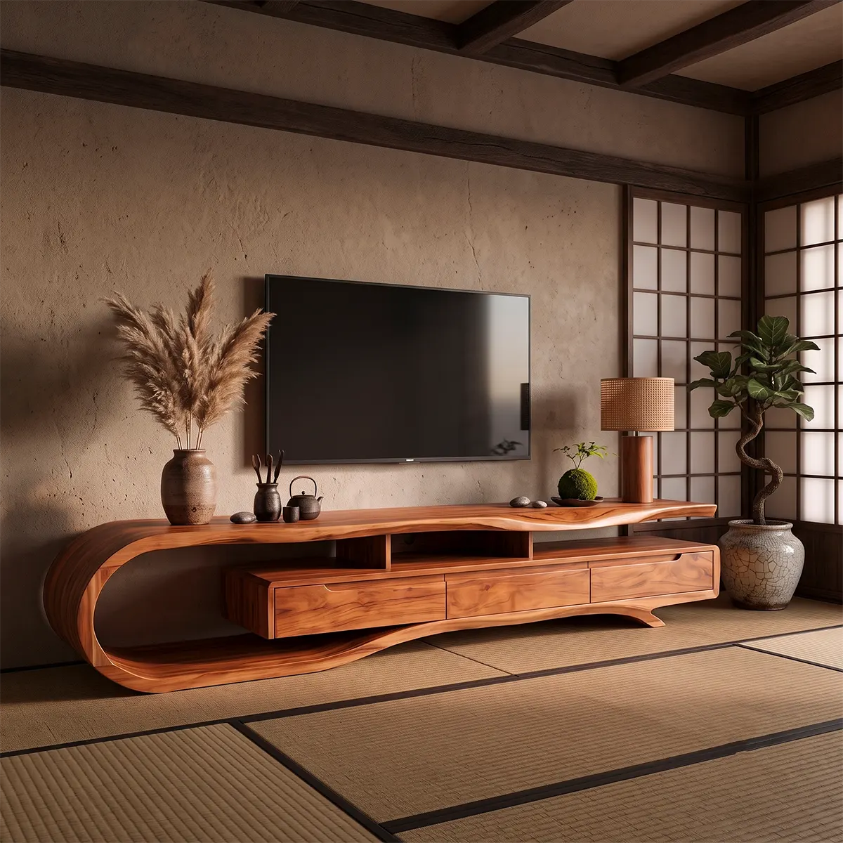 Sculptural Curved TV Stand with 3 Drawers & Open Storage | Modern Low Profile Media Console TT006-4OMT8HH