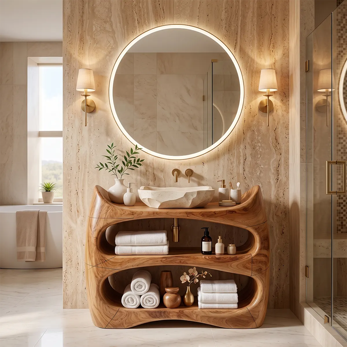 Sculptural Bathroom Vanity with Open Shelves | Freestanding Curved Vanity TT006-5ZSC4PA