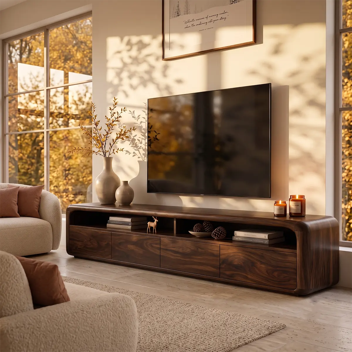 Modern Curved TV Stand with 4 Enclosed Storage Compartments & Open Shelves TT006-5AFF2JH