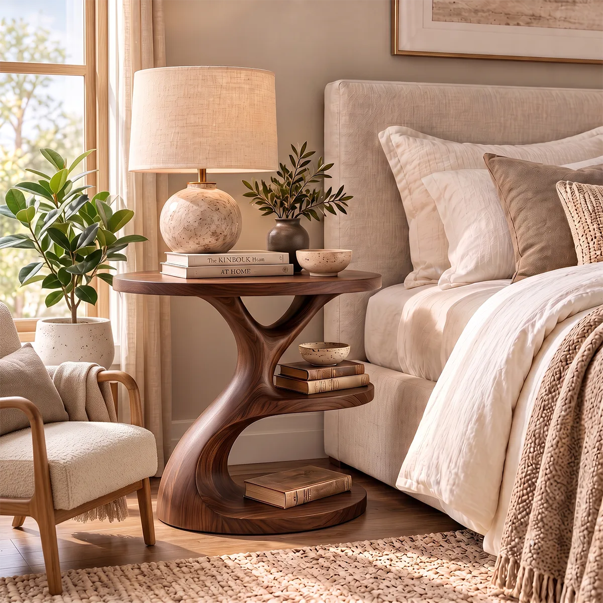 Sculptural Round Nightstand with Open Shelves | Organic Modern Bedside Table HG021-8JBT7TE