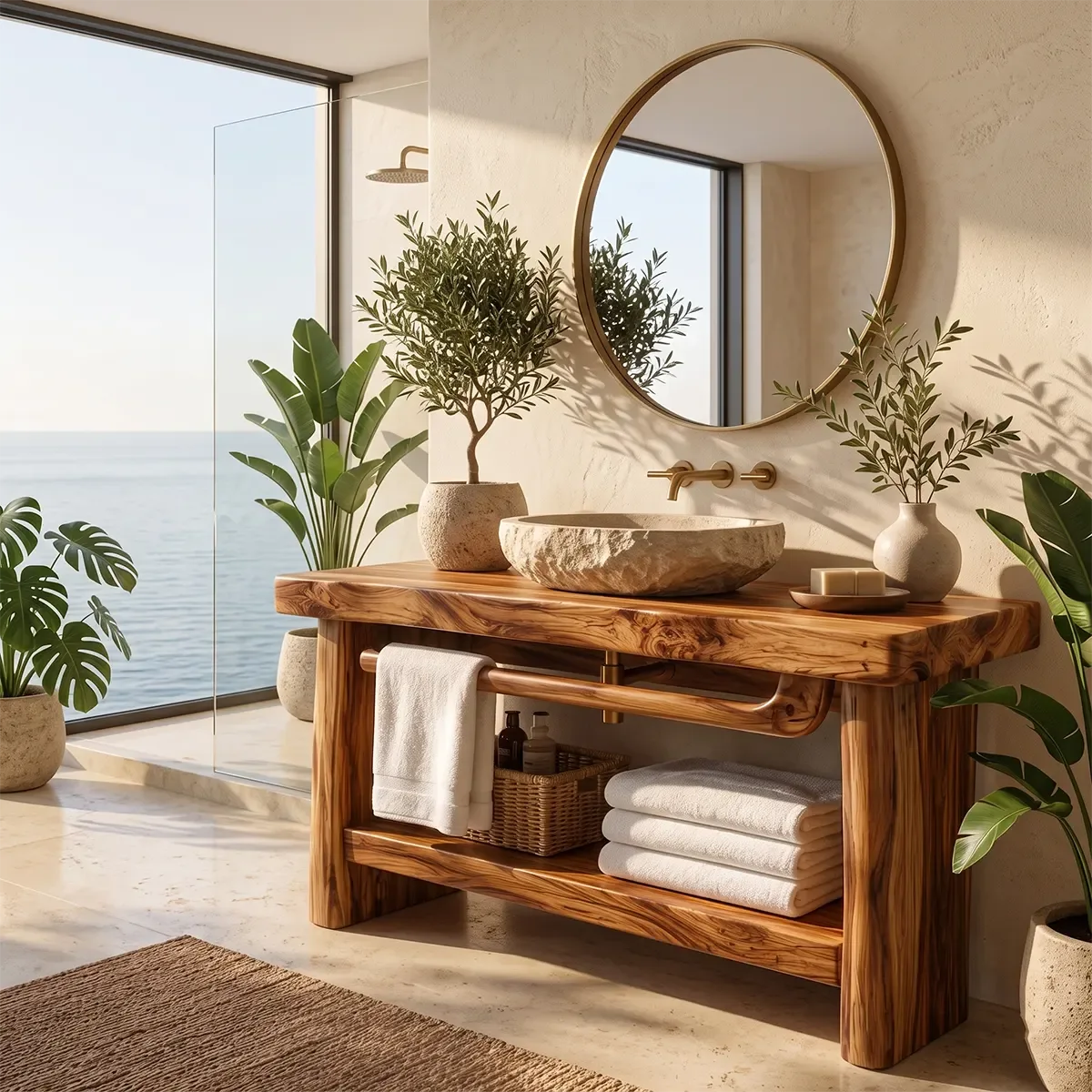 Freestanding Bathroom Vanity with Open Shelf & Towel Bar | Organic Modern Design TT006-4KEH4XG
