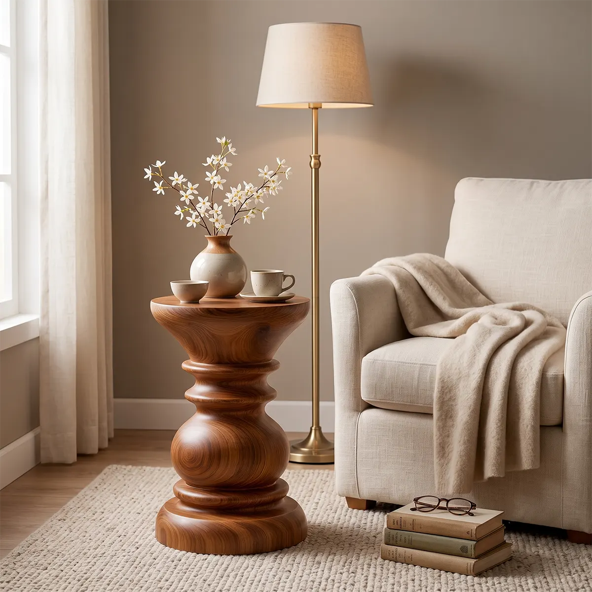 Sculptural Turned Wood Pedestal End Table | Round Accent Side Table TT006-1BIY6KO